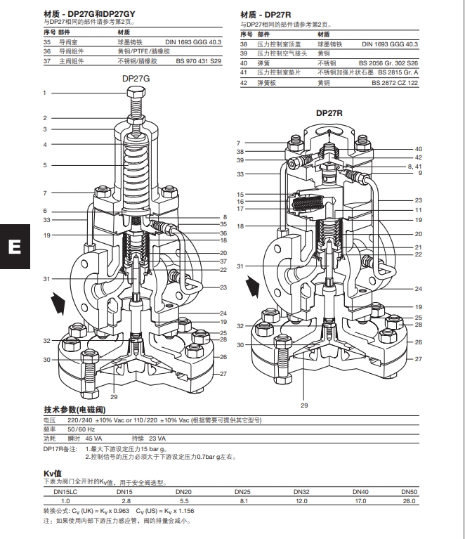 DP27G，DP27GY減壓閥材質(zhì)結(jié)構(gòu)圖